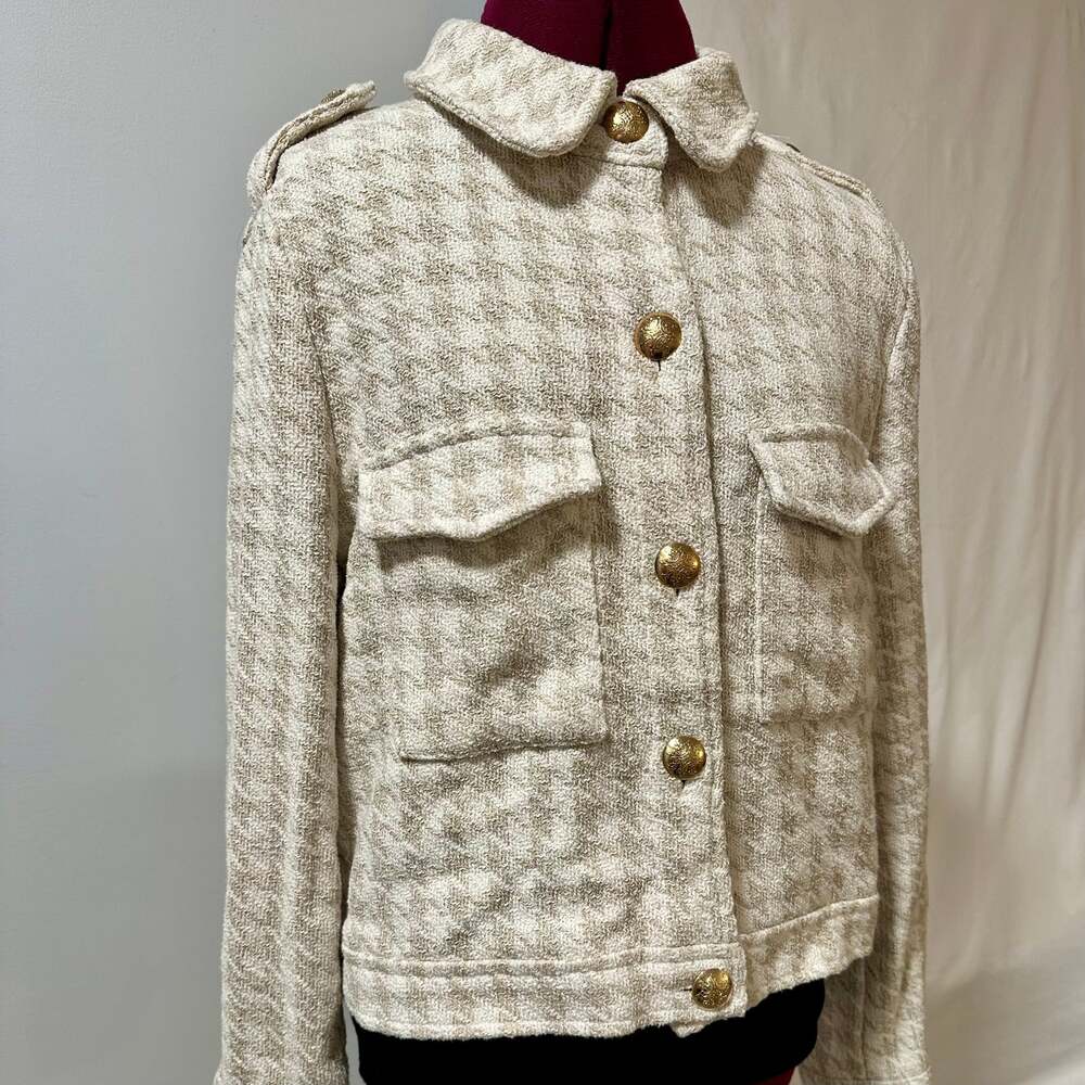ZARA Women's Houndstooth Tweed Cropped Jacket with Gold Buttons, XL